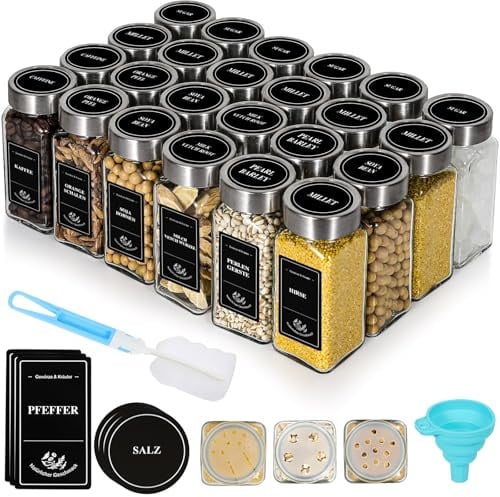 Danillous Square Spice Jar Set of 24-120ml Glass Containers with Leakproof Stainless Steel Shaker Lids | Includes 180 Pre-Printed Labels, Funnel & Brush
