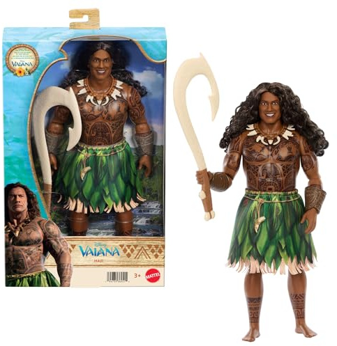 Mattel Disney Vaiana Maui Modepuppe, inspiriert vom Live-Action-Film | Abnehmbare Kleidung, lockiges Haar, 4 Accessoires inkl. Angelhaken, beweglich und sammelbar, JLV16