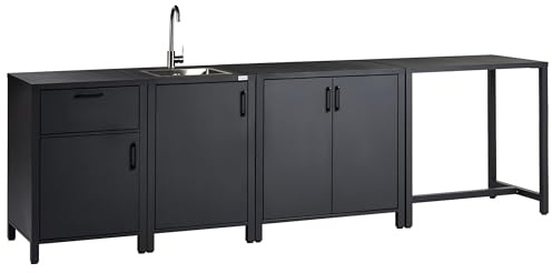 Beliani Conjunto de Cocina de Exterior de Metal Armario de Aluminio con Recubrimiento en Polvo con Fregadero 305 x 60 x 90 cm Gris Grafito Rocha