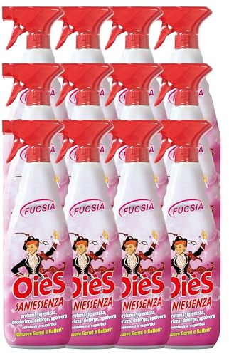 OièS Saniessenza Detergente Profumato 750 ml - Profumatore Ambiente 5 in 1 Spray Igienizzante Multiuso per Pavimenti e Superfici - Profuma, Igienizza, Deodorizza e Spolvera - Fucsia (12 Unità)