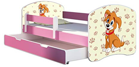 ACMA Kinderbett 80 x 160 cm mit Bettkasten, Matratze & Lattenrost – Jugendbett mit Rausfallschutz, personalisiertes Motiv 11 Welpe - Rosa, Mädchenbett ab 3 Jahren, belastbar bis 120 kg