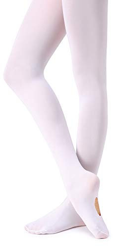 Soudittur Kinder Ballett Strumpfhose Convertible Tanz-Strumpfhosen mit Fersenloch 90D für Mädchen und Damen Weiß, Gr.- S (110-125 cm)