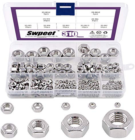 495Pcs Metric 304 Stainless Steel 9 Sizes Hex Nuts Assorment Kit, Coarse Thread Hexagon Nut 9 Sizes - M2 M2.5 M3 M4 M5 M6 M8 M10 M12