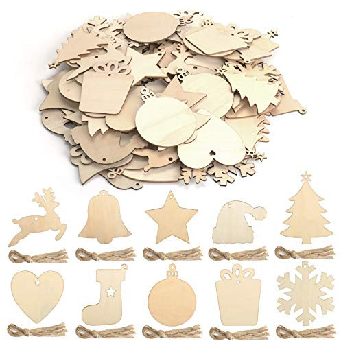 KATELUO 100 Pezzi Decorazioni Natalizie in Legno, Natale Ciondolo in Legno, Decorazioni Albero di Natale in Legno, Ornamenti Natalizi in Legno per Decorare Albero di Natale Fai da Te Etichette Regalo