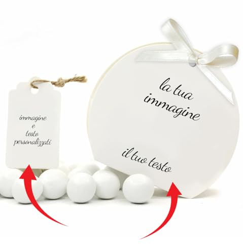 Mr Pubblicità - kit da 75 pezzi PERSONALIZZATI (stampa inclusa) - 25 Scatoline Portaconfetti + 25 Tag + 25 Nastrini, Per Sposi, Matrimonio, Nozze, Promessa, Scatolino, Bomboniera