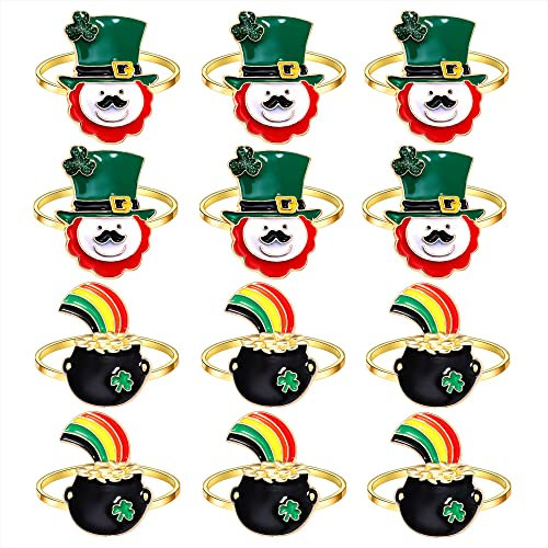 Serviettenringe St. Patrick's Day, Emaille, Kobold, Kleeblatt, irischer Topf aus Gold, Glückskleeblatt, Metall, Serviettenschnallen, Halter, Tischdekoration, Geschenk für Festival-Party, 12 Stück