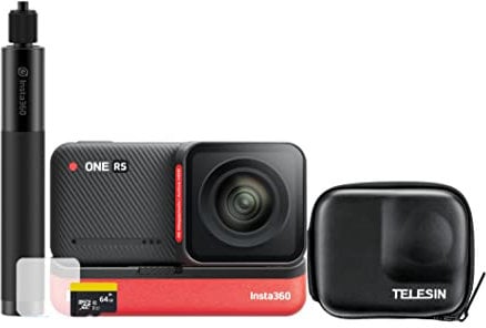 insta360 ONE RS Boosted 4K Starter Kit – incl. Selfie Stick + 64 GB Card + Custodia telescopica + pellicola protettiva