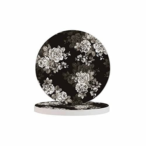 Pznen Watercolor Black Flowers Cup Coasters Set of 2 Elegance Botanical Flower Pattern Grey Rose Bouquet Wooden Table Apartment Decor 100% Diatomite for Drinking Glasses,4 Inches