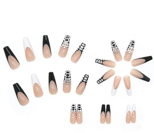 WOOXDYUK Lot de 24 faux ongles mats - Presse sur les pointes - Couverture complète - Noir et blanc - Motif croix - Pour femmes et filles - Pour fête et maison