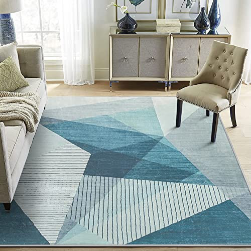 ASIinnsy Kurzflor Teppich Geometrisches Muster Abstrakt Moderne Blau Grau Rutschfest Weich Großer für Wohnzimmer Schlafzimmer (Blau Grau, 200 x 250 cm)
