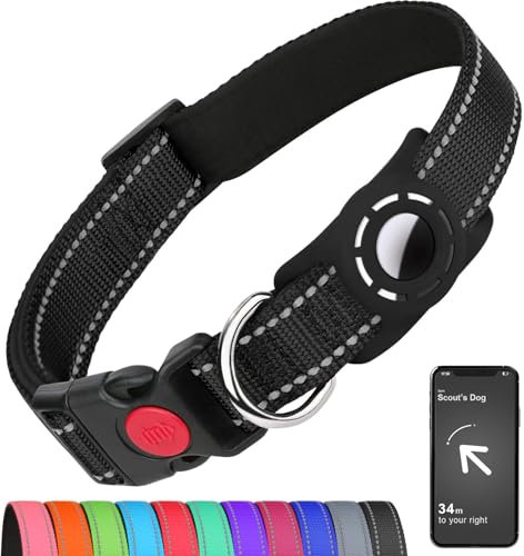 Erbine Airtag Hundehalsband für mittelgroße Hunde, Reflektierende Hundehalsbänder mit AirTag-Halterung, Nylon Haustierhalsband Verstellbar für alle Rassen, Schwarz