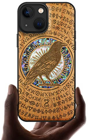 Carveit Designer Wooden Protective Case for iPhone 13 Mini Magnetic Case Cover [Wood Engraving & Shell Inlay] Wood Phone Case Compatible with 13 Mini MagSafe Case 5.4 Inch (Raven-Cherry)