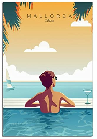 VTGCLT Spanien Mallorca Vintage Reiseposter Schwimmbad Meer Leinwand Gemälde Bilder Drucke Wandkunst für Schlafzimmer Büro Dekor 40 x 60 cm