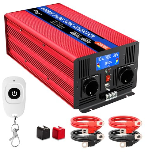 ETREPOW Inversor 12V 220v Onda Pura 4000W Convertidor de Voltaje con 2 Tomas UE y un USB de 2,1A, Mando a Distancia Inalámbrico, Display LCD