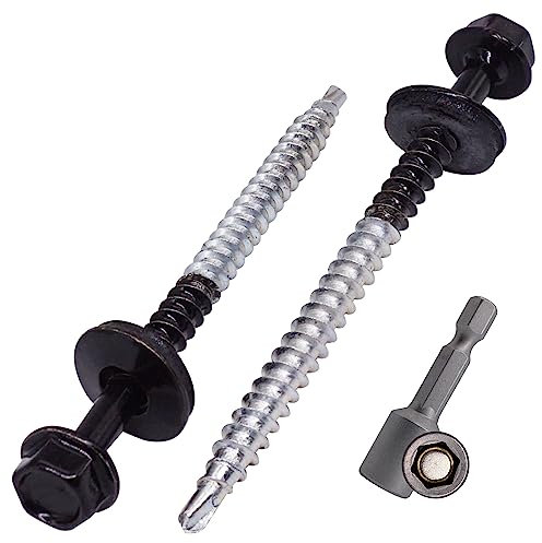SKIR'CO (10 Stück) lackierte Dachschrauben 4,8 x 70 mm, Sechskantkopf, selbstbohrende Schrauben mit EPDM-Unterlegscheiben (Tiefschwarz, RAL 9005)