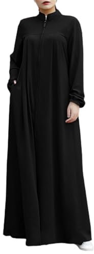 Abaya Muslimisches Damenkleid mit langen Ärmeln, Reißverschluss vorne, Gebetskleid, islamische Kleidung mit Taschen, Schwarz, Large