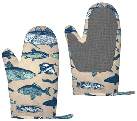 Ofenhandschuhe im Vintage-Look, verschiedene Fische, hitzebeständig, rutschfest, Silikon, Küchenhandschuhe für Küche, Kochen, Backen, Grillen, 1 Paar