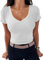 TrendiMax Womens Short Sleeve V Neck Tee Shirts Fitted Casual Summer Tunic Tops for Women White