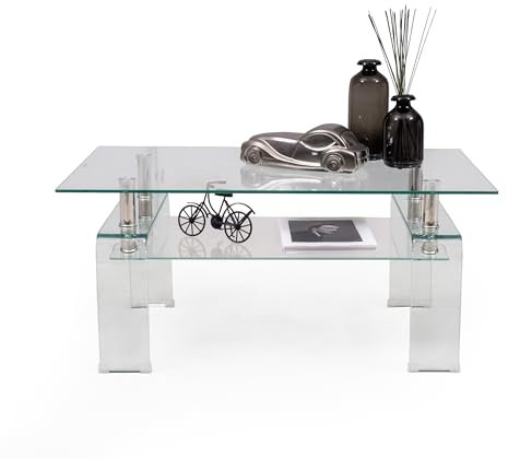 Homely - Mesa de Centro de diseño Moderno Kenia Cristal Transparente con revistero y Patas en Cristal Transparente