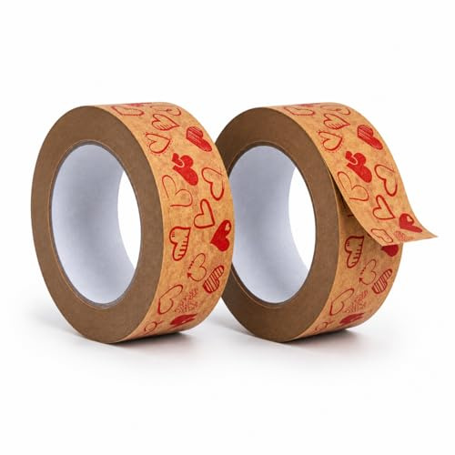 Marke Papierklebeband Herzmuster 50 mm x 50 m Packband Kraftpapier Geschenkband Valentinstag Verpackungsklebeband Paketband für Geschenke Basteln Paketversand 2 Rollen