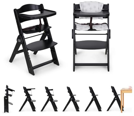 Ms BabyWorld Faltbarer Hochstuhl für Kinder, aus Holz, komplett zusammenklappbar, evolutionär, ergonomisch, verstellbar, sicher, schwarz/weiß