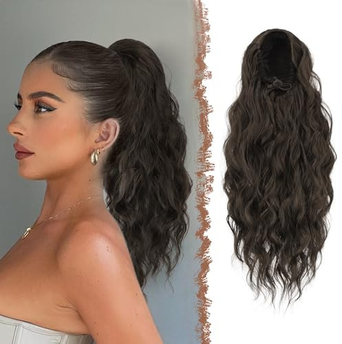 FESHFEN Queue de Cheval Extension avec Cordon, Longue Postiches Extensions de Cheveux Bouclés Ondulées Synthétique Postiches pour Femmes, 45 cm Brun Noir