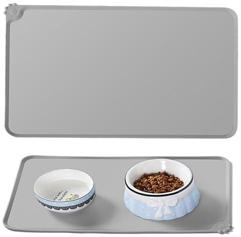 Non Slip Cat Food Mat, Silicone Pet Feeding Mat Waterproof Dog Bowl Mat, Gray Pet Placemat for Dogs and Cats, Large (48cm*30cm)