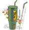 NiHome 48oz Glass Tumbler with Straw and Lid, Glass Cup with Lid for Iced Coffee, Hot & Cold Drinks, Fits Most Car Cup Holders, Includes Stainless Steel & Silicone Sleeve Straws (Army Green)