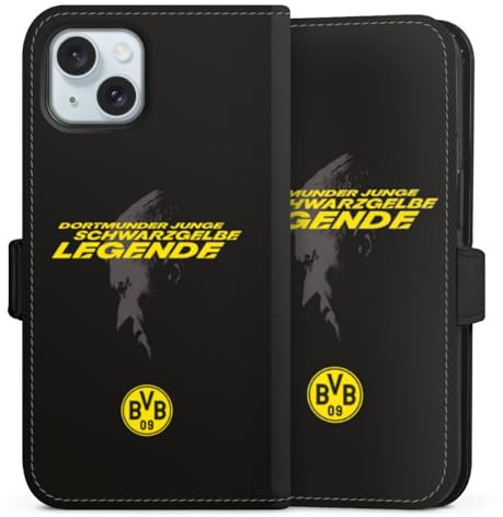Klapphülle kompatibel mit Apple iPhone 15 Handyhülle aus Kunst Leder schwarz Flip Case Marco Reus Borussia Dortmund BVB