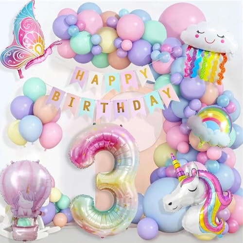 Einhorn Geburtstagsdeko Mädchen 3 Jahre, Kindergeburtstag Luftballons, Happy Birthday Banner, Schmetterling Folienballon, 3. Geburtstag Mädchen Deko