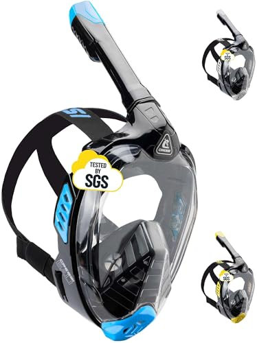 CRESSI Bali Full Face Mask Black/Blue L/XL-Tauchermaske Vollmaske Ultra Klare Polycarbonat Linse, 100% Silikon, Schnorchel Float Ventil, Kamera Halterung, Schwarz/Blau, L/XL, Erwachsene