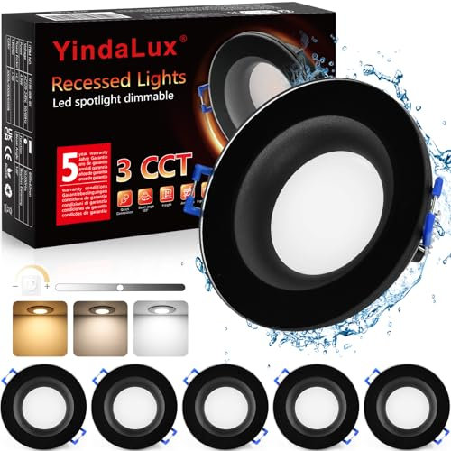 YindaLux LED Einbaustrahler 230V Dimmbar Flach LED Spots 5W IP65 Deckenspots Warmweiß Neutralweiß Kaltweiß Einbauleuchten 68mm 500LM Einbauspots für Badzimmer Wohnzimmer Rund Led Spot Schwarz, 6er Set