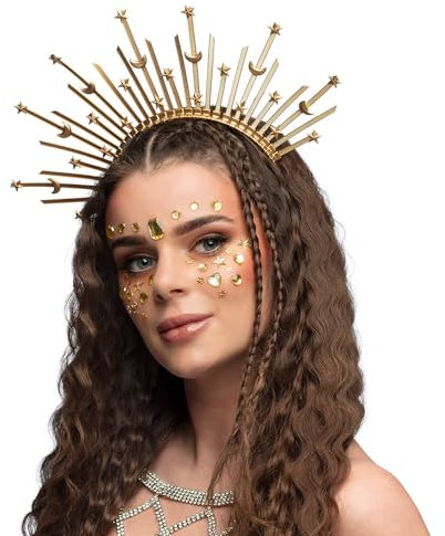 MIMIKRY Goldene Diadem Halo-Krone Aurora Tiara Sonne Mond Sterne Haarreif Kopfschmuck Heiligenschein Göttin Engel