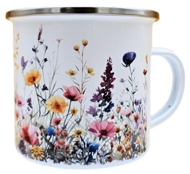 Emaille Tasse Becher Kaffeetasse 375 ml Imker Geschenk bunte Blumenwiese