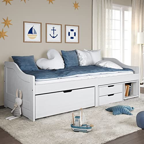 Willood Tagesbett Jugendbett Kinderbett mit 3 Schubladen iRun Weiß 90x200cm Massivholz Kiefer