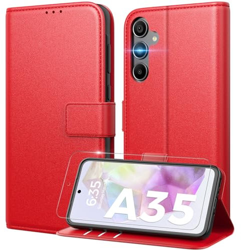Peakally Coque pour Samsung Galaxy A35 5G [ Verre Trempé Protection *1 ] [ Blocage du Signal RFID ] [ Premium PU ] [ Pochette de Portefeuille ] Etui à Rabat pour Samsung A35 5G，Rouge Vif