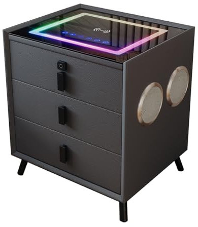 Solid Wood Bedside Table with 7 Color Lights, Smart Nightstand with Charging Station, Bed Side Tables with Fingerprint Lock and Bluetooth Speaker for Bedroom(Multi-colored)