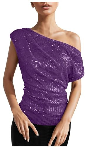 Foweknow Top da donna con paillettes glitterate, camicette brillanti, tinta unita, per donne, carnevale, feste, discoteche, travestimento, Lilla, XL