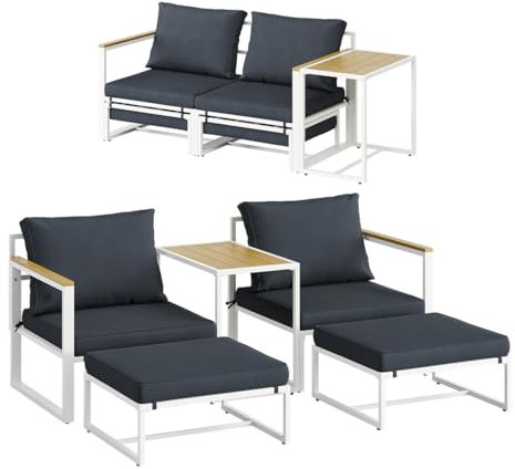 STEELSØN Gartenmöbel Set 5-TLG Asteri, Gartenlounge für 2-4 Personen, Balkonmöbel Set wetterfest inkl. 2 Sessel, 2 Hocker und 1 Tisch, Terrassenmöbel aus Metall mit Kissen Weiß