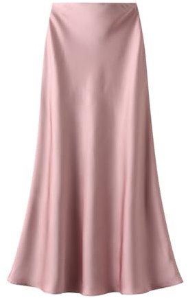 Onsoyours Femme Jupe en Satin Élégant Taille Haute Élastique Midi Jupes en Soie avec Fermeture Éclair Couleur Unie A Rose M