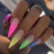 MouyouGlow Press on Nails Lang,Stiletto Nude Natürlich Farbverlauf Farbig Bunt Rosa Blau Sommer Fake Nails mit Nagelkleber,Natural Gradient Colourful Pink Green Künstliche Fingernägel