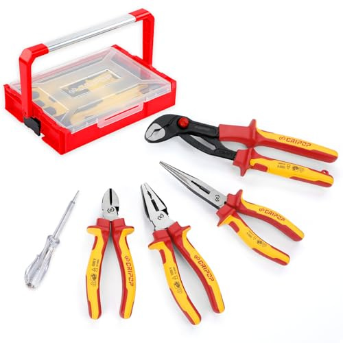 CRIPOP 5PCS VDE Insulated Pliers Tool Set,1000V Insulated Electrical Tools Kit,Includes 190mm Combination Plier, 165mm Diagonal Cutter, 210mm Long Nose/280mm Water Pump Plier & Voltage with Box