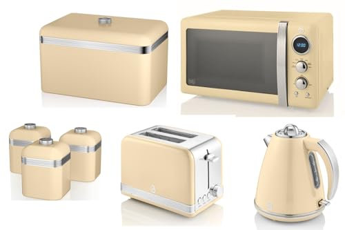 Swan Retro Cream 1.5L 3KW Jug Kettle, 2 Slice Toaster, 800W 20L Microwave, Bread Bin and Tea, Coffee, Sugar Canisters. Matching Retro Design Kitchen Set of 7 in Cream