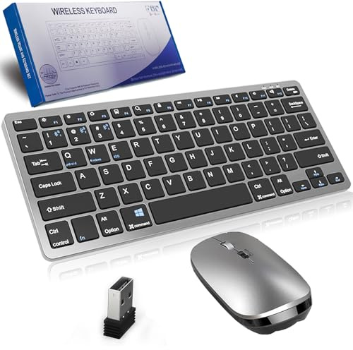 Mini Wireless Keyboard and Mouse Set,(Bluetooth5.2+5.2+3.0+2.4G) Upgrade 4 Mode USB Cordless Keyboard and Silent Mouse Combo,Rechargeable Multimedia Shortcuts for Mac,Computer,PC,Laptop,QWERTY,Gray