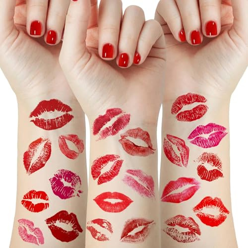 FloralGrace 4 Stück Valentinstag Lippen Temporäre Tattoos Rot Rosa Lippenabdruck Kuss Gesicht Tattoo Aufkleber Körperdekoration Für Mädchen