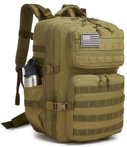 Militärischer taktischer Rucksack für Herren, wasserdichter Tagesrucksack, 3-Tage-Assault Pack, Molle-Tasche mit Wasserflaschenhalter (Khaki, 50L)