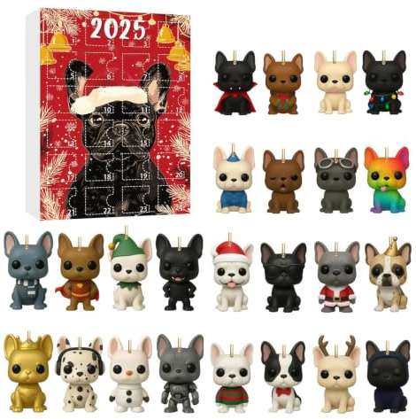 Lustiger Französische Bulldogge Adventskalender 2025 | 24-tägiger Countdown Weihnachtskalender Mit 2D Acryl Hundeanhänger Bulldoggen-Christbaumschmuck Für Hundeliebhab