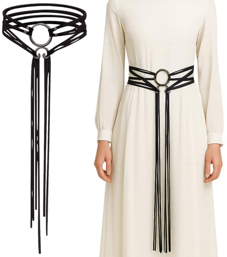 ZYLOUY Schwarze Mittelalter Gürtel, Damen Gürtel mit Taillenbetonung, Langer Cross Belt Seil Taillengürtel, Wikinger Kostüm Hexen Zubehör, Mittelalter Kleidung Accessoire Damen Karneval