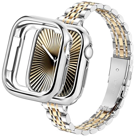 wipalor Slim Stainless Steel Straps with Case for Apple Watch Straps Women 38mm 40mm 41mm 42mm(Series 3 2 1) 44mm 45mm, Metal iWatch Strap & Cover for Apple Watch Strap Series 9 8 7 6 5 4 3 2 1 SE
