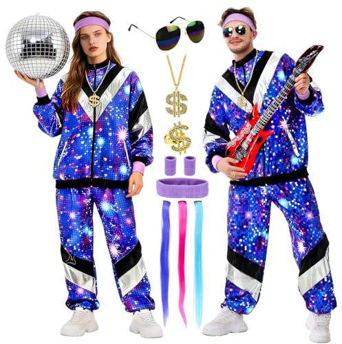 PATEMZON 80er 90er Jahre Outfit Herren Damen, Sport Jacken Set mit Halsketten, Ringe, Haarbänder, Brille, Jogginganzug Trainingsanzug Kostüm Unisex 90er 80er für Halloween Karneval Disco Retro